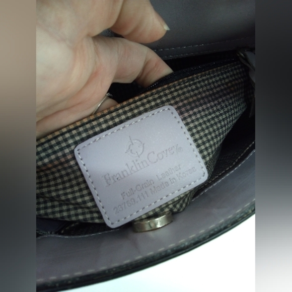 Franklin Covey Full Grain Leather Black Shoulder Bag Lavender Closure Gingham - Picture 5 of 16